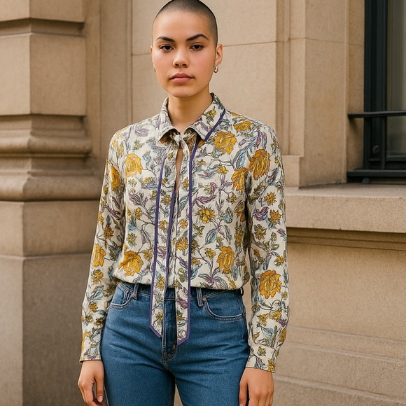 Floral Button Down Blouse with Piping Accent - Picture 1 of 14